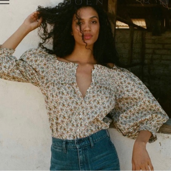 Doen Tops - Doen Claudette pintucked floral-print cotton-voile top size Medium Off Shoulder